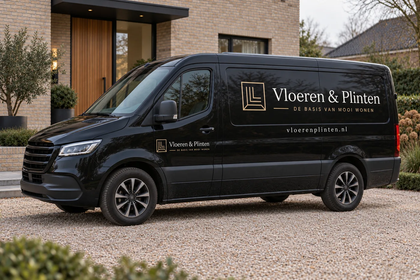 Visualisatie van een zwarte bestelbus met het logo van Vloeren & Plinten